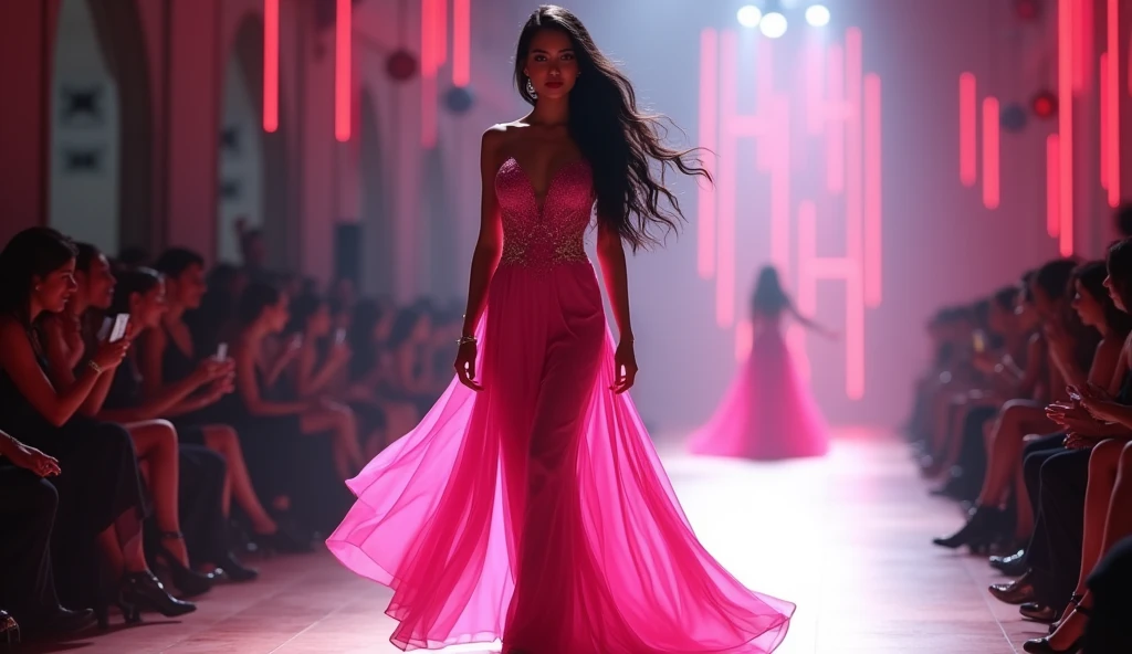 Create a modernist art style illustration in vertical format of a brunette woman with long black hair. With intense gaze and brown eyes and thick eyebrows. With a dress in red tones, violet and fuchsia. The dress should be embellished with shiny sequins. Modeling on a fashion catwalk, with many lights on the stage.