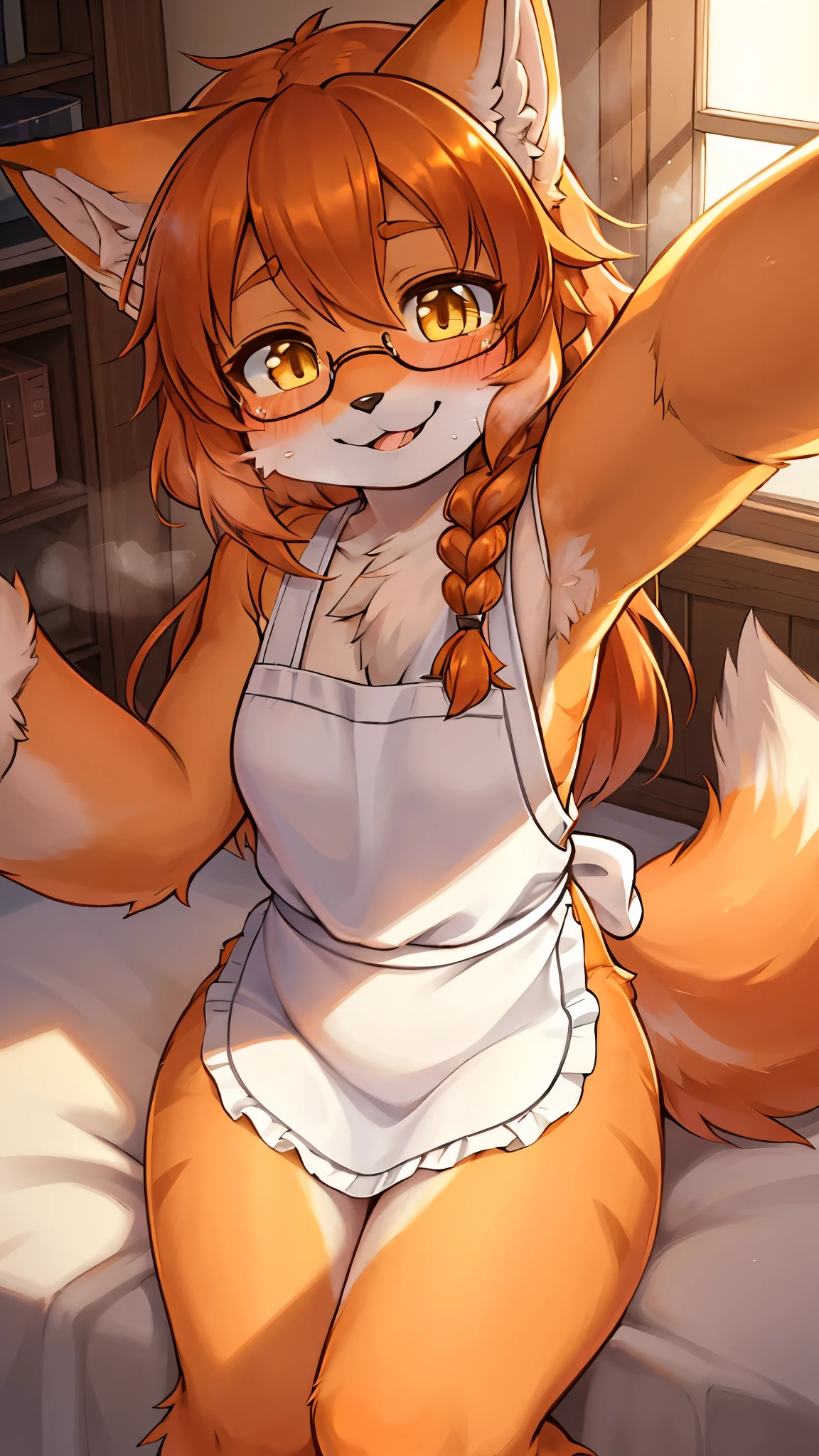 best quality,best resolution,(fluffy anthro furry :1.6),(young :1.6),solo,gold orange hair fox girl,long hair,wavy hair,gold orange fur,small breasts,white naked apron,raffles,white stockings,cute pantie,shy face,horny smile,horny eyes,close one eye,full face blush,beautiful kitchen,right hand rift up apron,sexy pose