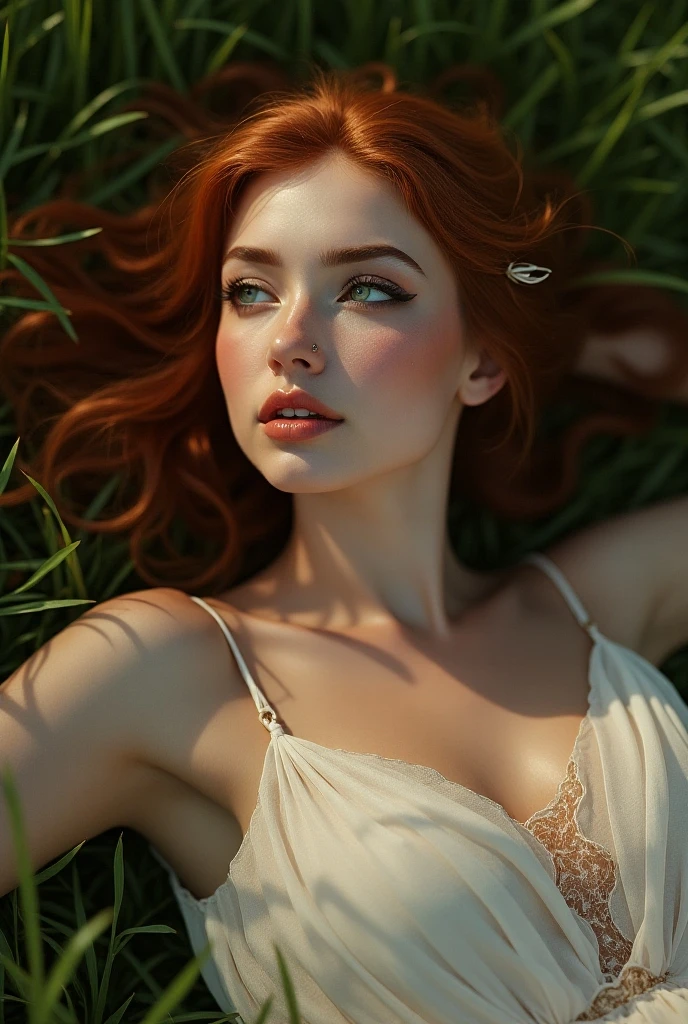 femme rousse allonger au sol écarte les jambes , ultra realiste 4k