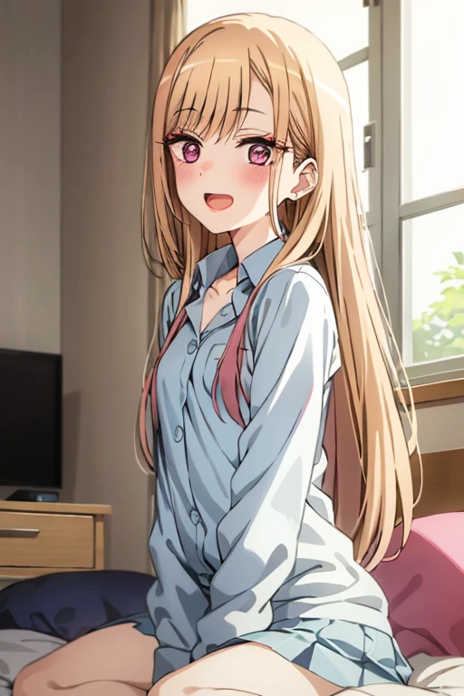 ((Best Quality)), ((masterpiece)), (be familiar with),  perfect face, indoor, bedroom,  modern uniform of a ,
One woman, Kitagawa Marin,
Open Mouth, Ecstatic expression, blush, smile,
Small breasts,  flat chest, , , , Girl,
Long Hair, Long Hair,
Leg spread,