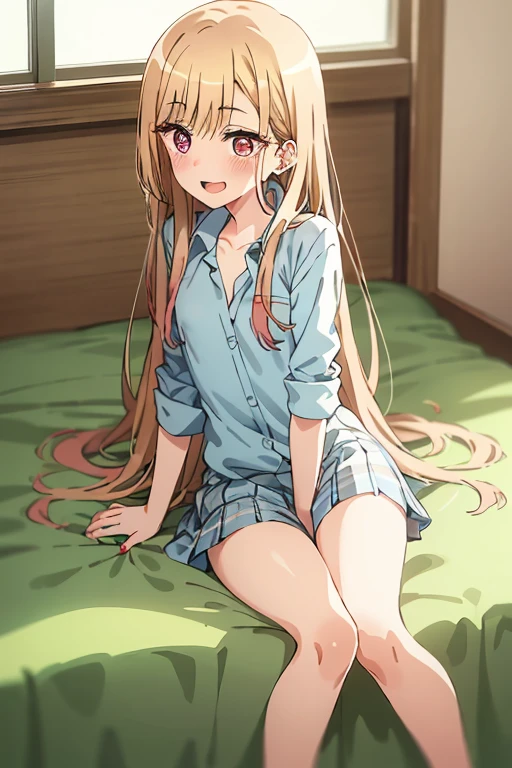 ((Best Quality)), ((masterpiece)), (be familiar with),  perfect face, indoor, bedroom,  modern uniform of a ,
One woman, Kitagawa Marin,
Open Mouth, Ecstatic expression, blush, smile,
Small breasts,  flat chest, , , , Girl,
Long Hair, Long Hair,
Leg spread,