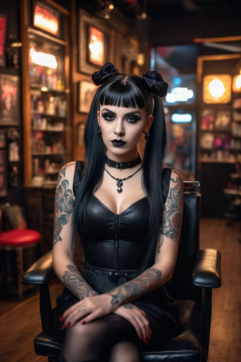 Professional Candid Photography, Symmetrical Wide-Angle-Shot, Dark Cinematic Still, Action movie set, full-body-shot, Pretty goth Female, twintails hair, cleavage, trendy goth makeup style, trendy goth accessories, goth tattoos, sitting in a chair in a tattoo shop, Realistic Lifelike Figures, Realistic Lifelike Background, 8K, Raw Photo, dimly lit, Cinematic Neon Lighting, Realistic Skin, Detailed Face, Detailed Trendy Makeup, Trendy Jewelry, UHD, Best Quality, Masterpiece, HDR Color, Sony A7 III, ZEISS lenses, Shadows, Low Depth of Field