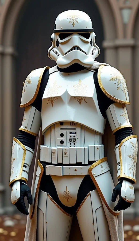 a Star Wars stormtrooper body armor with helmet, covered Russian national ornaments, vintage style  «Midjo art”,  white background