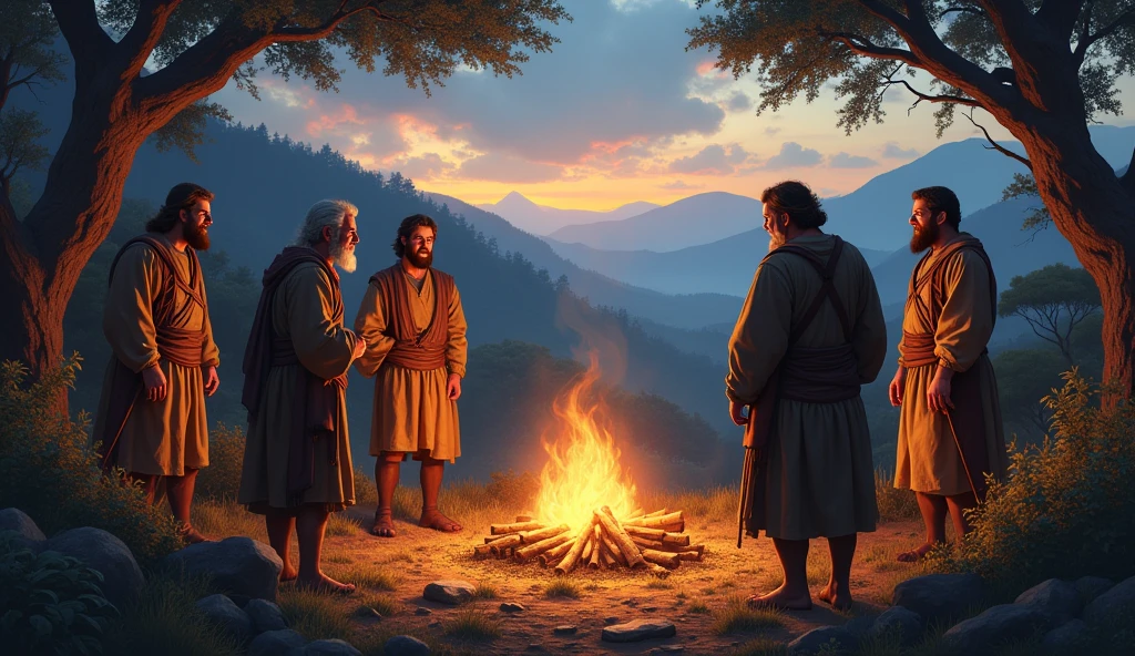 Good, his wife and 10 adult children worshiping God before a burning altar, in the background a green plain at sunset