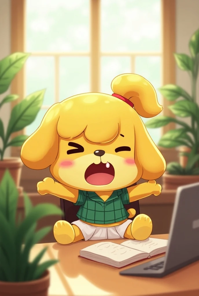 [isaCrossing], [Isabelle; Animal Crossing], [Uploaded to e621.net; (Pixelsketcher), (wamudraws)], ((masterpiece)), ((solo portrait)), ((POV)), ((bird's-eye view)), ((feet visible)), ((furry; anthro)), ((detailed fur)), ((detailed shading)), ((beautiful render art)), {anthro; (slim figure), yellow fur, black nose, small brown eyebrows, cute blue eyes, blonde hair, (bells in hair), topknot, fluffy tail, (beautiful feet), (sweat on forehead), (sweating), (blushing), (tongue out)}, {(red ribbon), (green vest), (short white sleeves), (short green pencil skirt)}, {(on floor), (on knees), (oral), (holding viewer's penis), (looking up at viewer)}, [background; (office), (window), (sun rays)]