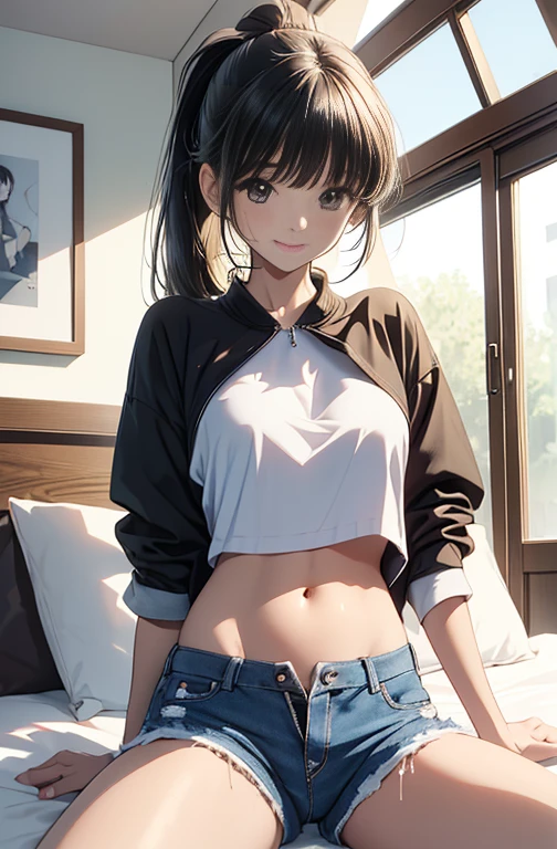 masterpiece,  best quality,  Very detailed ,  super high definition,  idle accelerator,  1 girl, Alone,  perfect bodies ,  hair accessory that closes half your eyes, Glossy lips,  Medium Bust , Diaphragm, Long jeans, whiteいパンティー, lift, whiteいジャケット, Black inner shirt,  ponytail,  put your hands in your pocket, Show your abdomen, Exposing the lower abdomen，Sexy belly, Long black hair, ((wide Opening the Abdomen.))、((Opening the Abdomen.))、((wide Open the navel))、((Open the navel))、((Bare Belly))、((Extra low waist))、 ((Umbilical discharge)), nature( Medium Bust ), Sleeping on the floor, Spread your legs、(masterpiece, Best Quality), bedroom,  1 girl, , , ,  anatomically correct body ,  flat chest, ( crop top), ((Unzipped shorts)), (Open Fly), (), in a colorful bedroom,  bed completely naked, the above, morning, Dazzling sunlight, white, Vibrant colors, watercolor、 shortcuts、smile、(Sweating profusely)、((Clearly visible genitals))、((Sexual exposure))、