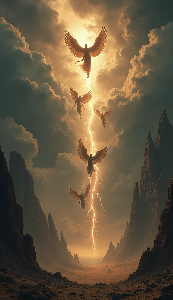 Illustration of angels, planeta Terra, montanhas, mares e florestas, high resolution image