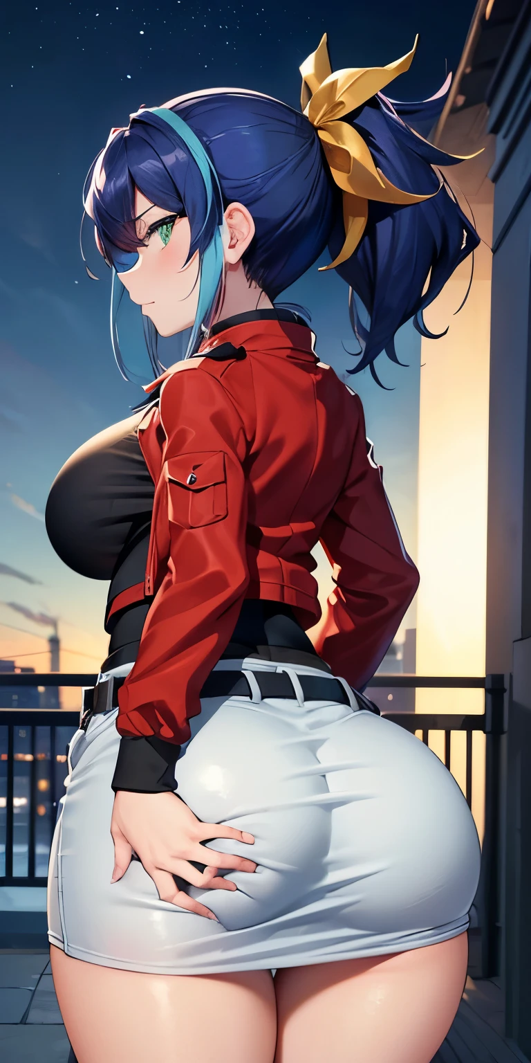 1 Female,High definition,high resolution,Ultra-realistic,8K, aaserena, ponytail,(multicolored hair),green eyes,red jacket,black shirt,belt,white skirt, tight skirt, miniskirt,European,sexy,Upper body close-up,Photographed from the front,Dynamic Angles,private teacher,blush, small tits ,outdoors, moonlight, dark sky, buildings,full body,4k, ultra high definition, perfect face, detailed face , (profile view), standing,(pov, closed shot:1.2),wide thighs ,(from behind),(huge ass:1.5),(show ass)