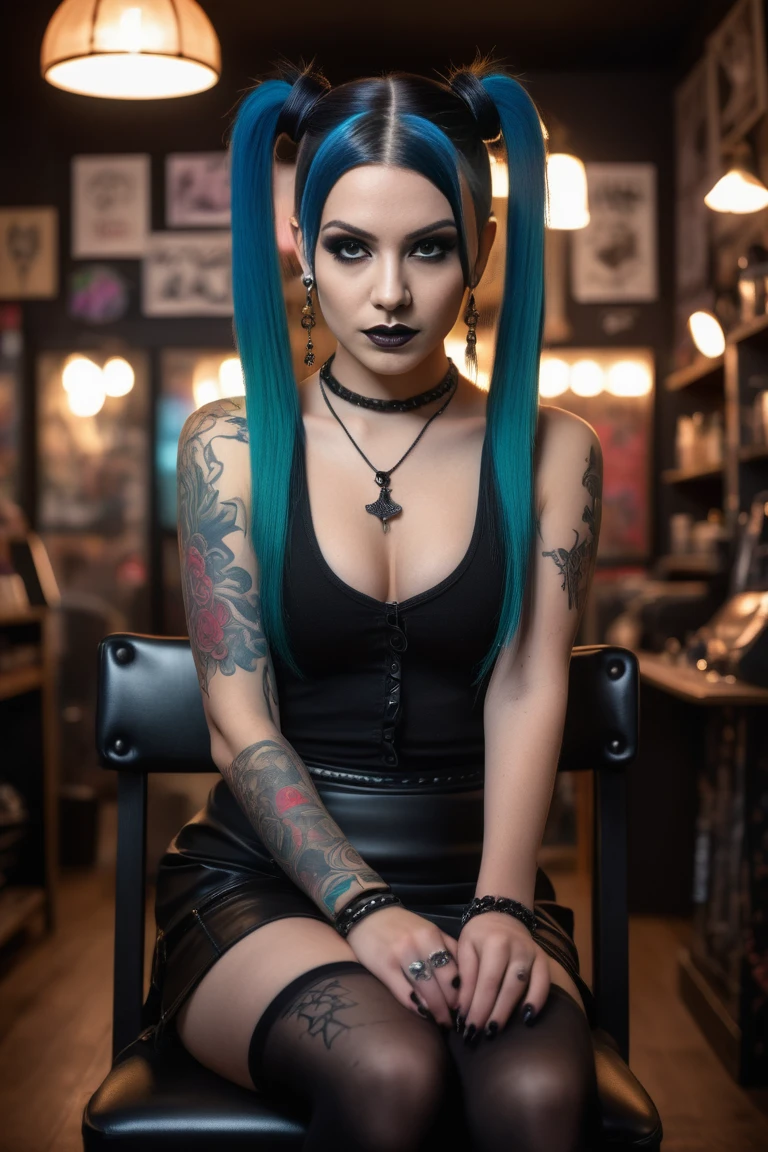 Professional Candid Photography, Symmetrical Wide-Angle-Shot, Dark Cinematic Still, Action movie set, full-body-shot, Pretty goth Female, twintails hair, cleavage, mini skirt, trendy goth makeup style, trendy goth accessories, goth tattoos, sitting in a chair in a tattoo shop, Realistic Lifelike Figures, Realistic Lifelike Background, 8K, Raw Photo, dimly lit, Cinematic Neon Lighting, Realistic Skin, Detailed Face, Detailed Trendy Makeup, Trendy Jewelry, UHD, Best Quality, Masterpiece, HDR Color, Sony A7 III, ZEISS lenses, Shadows, Low Depth of Field