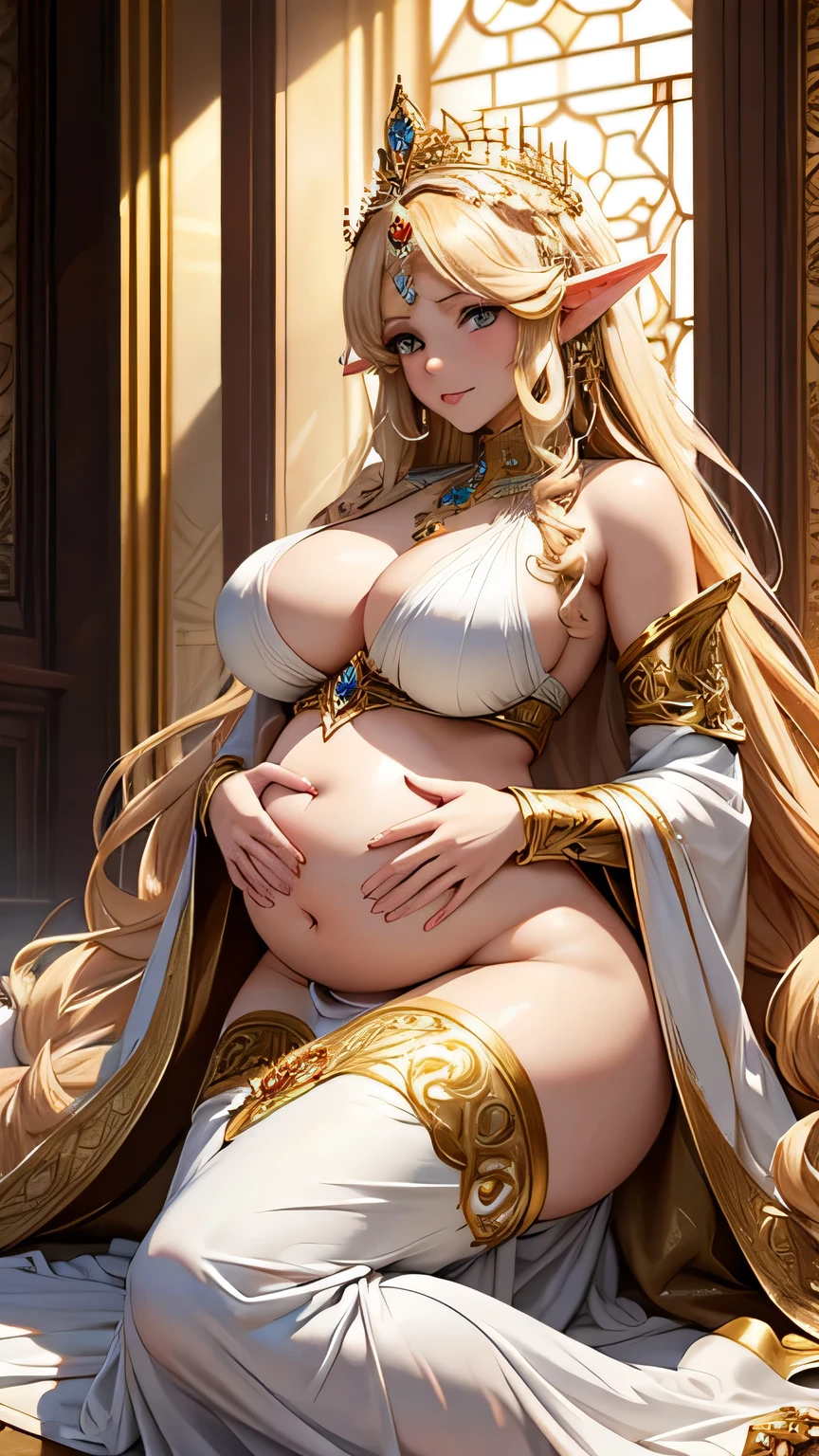 a harem princess posting in hall, busty, big boobs, anime, cinematic goddess body shot, ornate cosplay, a beautiful fantasy empress, ((a beautiful fantasy empress)), blonde goddess, extremely detailed goddess shot, fantasy outfit, elegant glamourous cosplay, elegant gold body, glamourous cosplay, intricate outfit, gilded outfit, golden goddess, draped in gold, goddess queen, beautiful goddess, yellow stocking, thickness curves voluptuous, (wide hips:1.3), (big buttocks:1.3), (thick thighs:1.3), (small waist:1.3), (gigantic breasts:1.3)