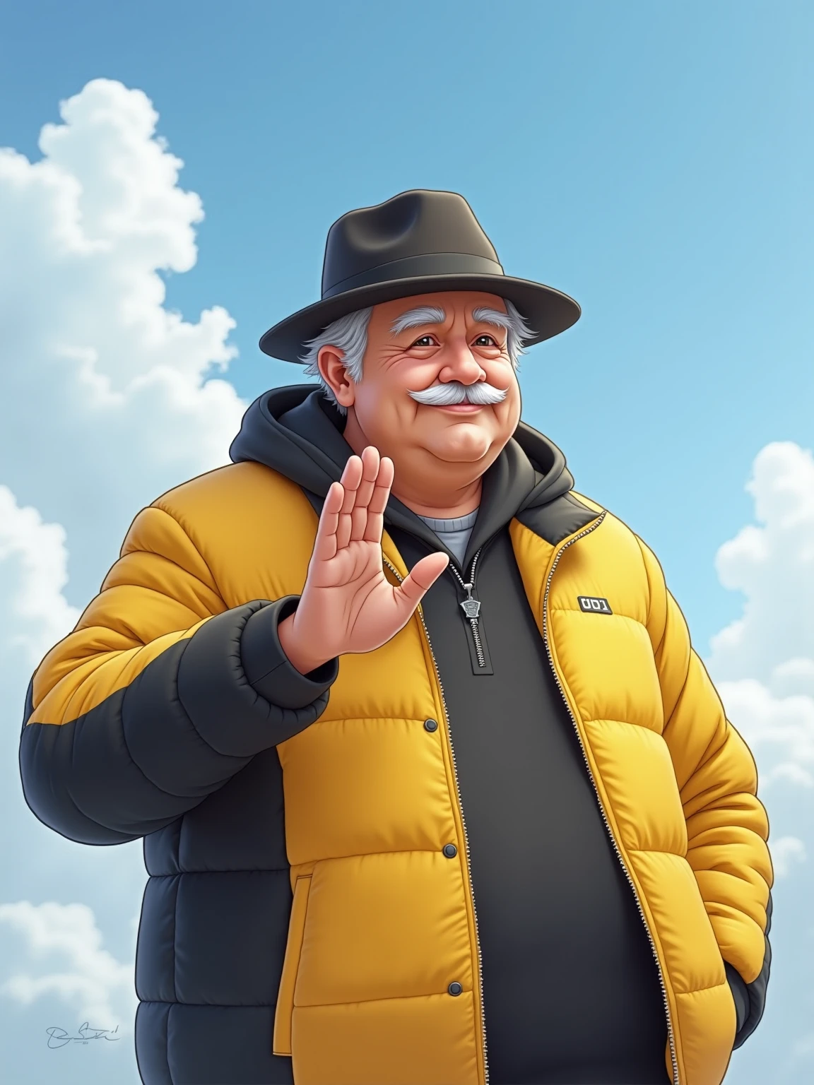 ((Un señor bastante Thelgado The 65 años The white tea)),  sonriendo WITH los ojos entrecerrados, has a short mustache and ((clean-shaven)) (((short white mustache))) WITH ((short white hair)) (He is wearing un (((sombrero negro WITH vivos amarillos)))) The ((white tea)), He is wearing (( a yellow and black university jacket)), (((WITH una bufanda amarilla y negra en el cuello))), ((((saludando WITH la mano en alto)))), The background is the sky ,  only clouds in the background , ((el hombre Thebe estar en medio The las nubes))