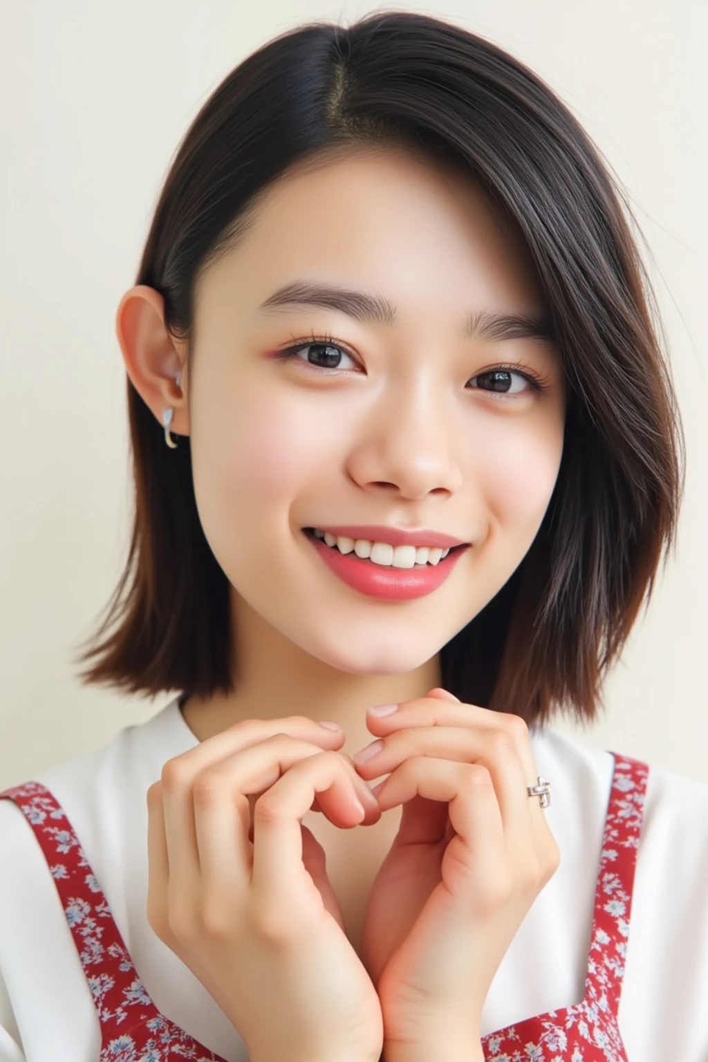 (((Make a heart shape with both hands and smile:6.1)))、 (RAW Photos、8k、32K、masterpiece、Realistic、  photoreal:1.37)、Cute Japanese women images、Photographed in natural light、  upper body、 1 girl、Photo Mapping、 Physically Based Rendering、Excellent image quality、  High Resolution  、1080P、(Detailed CG)、Rich details、( great features :1.35)、(Detailed eyes)、 I'm looking forward to your eyes、Delicate clavicle、非常にリアルで詳細な若い女性の  upper bodyポートレート。The skin is beautiful、Soft light is reflected in the high part of the cheek、 Tiny pores and hair follicles、 Even the tiniest blood vessels are visible。The skin is smooth、Natural flushing of the cheeks、Gives a healthy glow。 The eyes are large and clear blue、 The iris has fine patterning、 Light is reflecting and shining in the eye。 There is a slight shadow under the eye、 Her eyelashes are long and naturally curled。 her lips are soft pink 、 Smooth texture and natural glow、Reflects light slightly ,  the woman is wearing a simple thin camisole、 The background is a pale monochrome gradient、焦点は完全に顔と  upper bodyに当たっている、Realistic shadows and textures、Photographic depiction