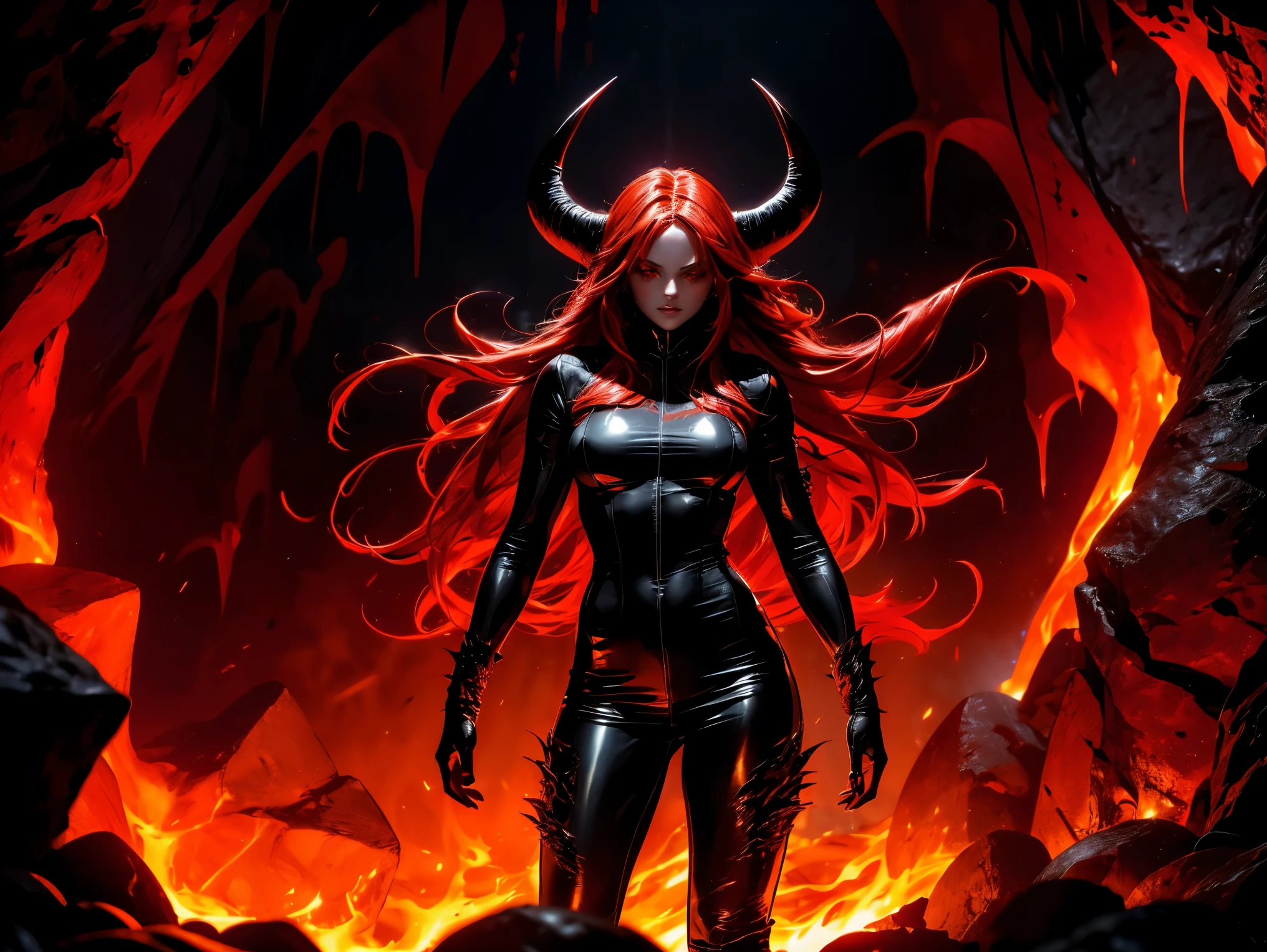 A demonic sorceress with long flowing red hair, wearing a tight black leather bodysuit with glowing runes. She stands provocatively in a fiery cavern, surrounded by molten lava and jagged rocks. Her eyes glow red as she casts dark magic.