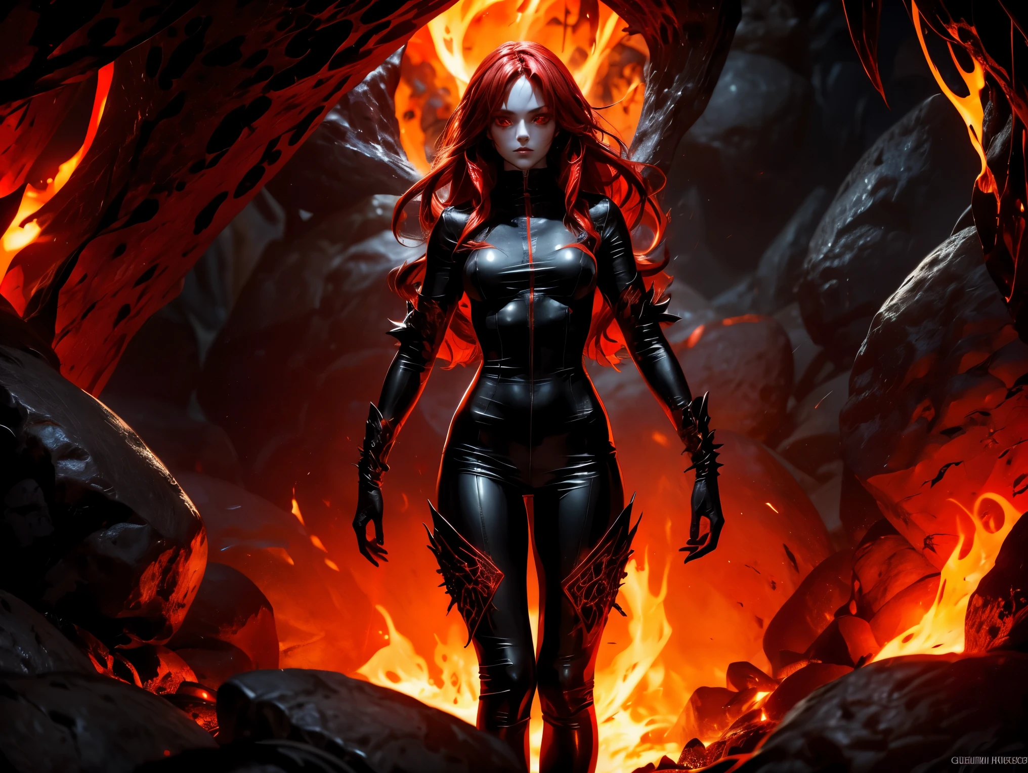 A demonic sorceress with long flowing red hair, wearing a tight black leather bodysuit with glowing runes. She stands provocatively in a fiery cavern, surrounded by molten lava and jagged rocks. Her eyes glow red as she casts dark magic.