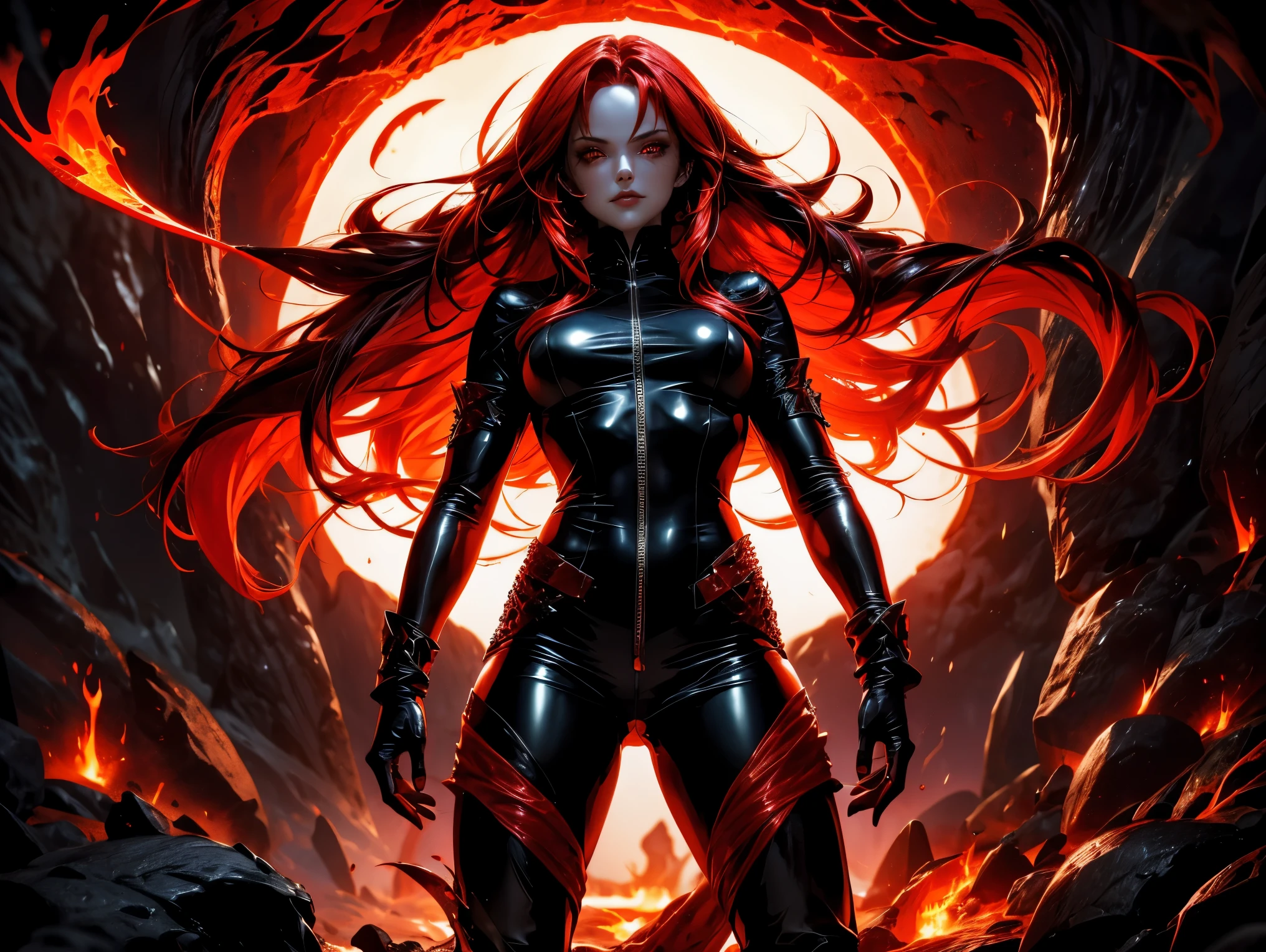 A demonic sorceress with long flowing red hair, wearing a tight black leather bodysuit with glowing runes. She stands provocatively in a fiery cavern, surrounded by molten lava and jagged rocks. Her eyes glow red as she casts dark magic.