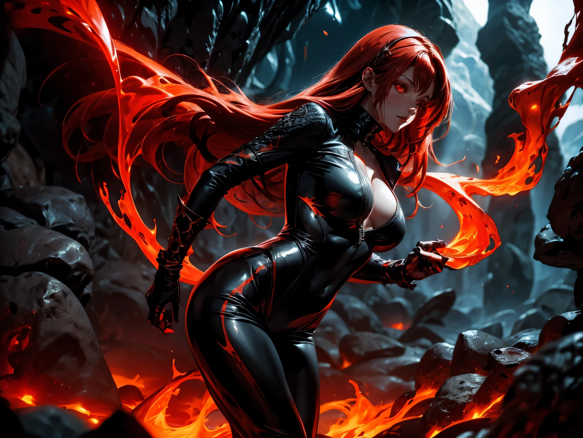 A demonic sorceress with long flowing red hair, wearing a tight black leather bodysuit with glowing runes. She stands provocatively in a fiery cavern, surrounded by molten lava and jagged rocks. Her eyes glow red as she casts dark magic.