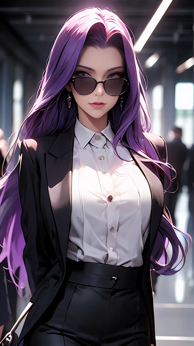 highest quality,masterpiece,High resolution,only,{Black business suit:1.40},{tie:1.20},{sunglasses:1.25},{White gloves:1.15},{ White shirt:1.10}, {Black Skirt:1.15}, good looking, {Medusa_FGO:1.15}, length_hair, purple_hair, very_length_hair, purple_eye, chest, big_chest,arms behind back