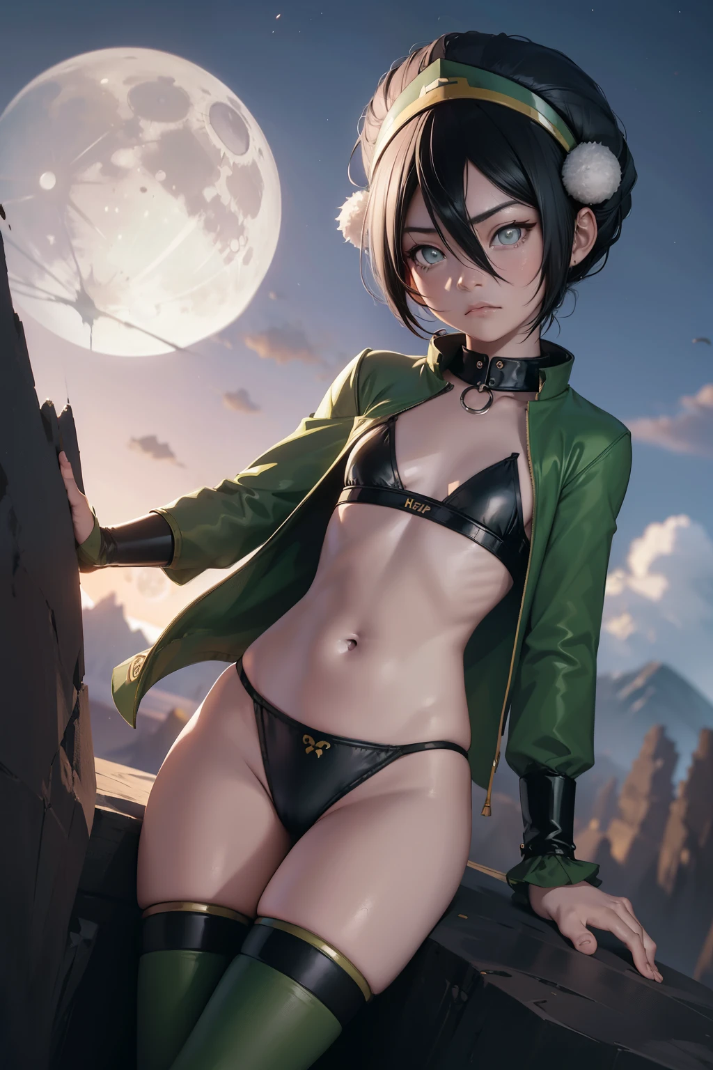 Toph beifong ,1girl , anime , masterpiece , Black hair,green jaqueta aberta open clothes ,flat chest , bra, pantie ,( body) ,standing , long socks, disgusted face ,sexy .night desert rock , Background moon dark night .