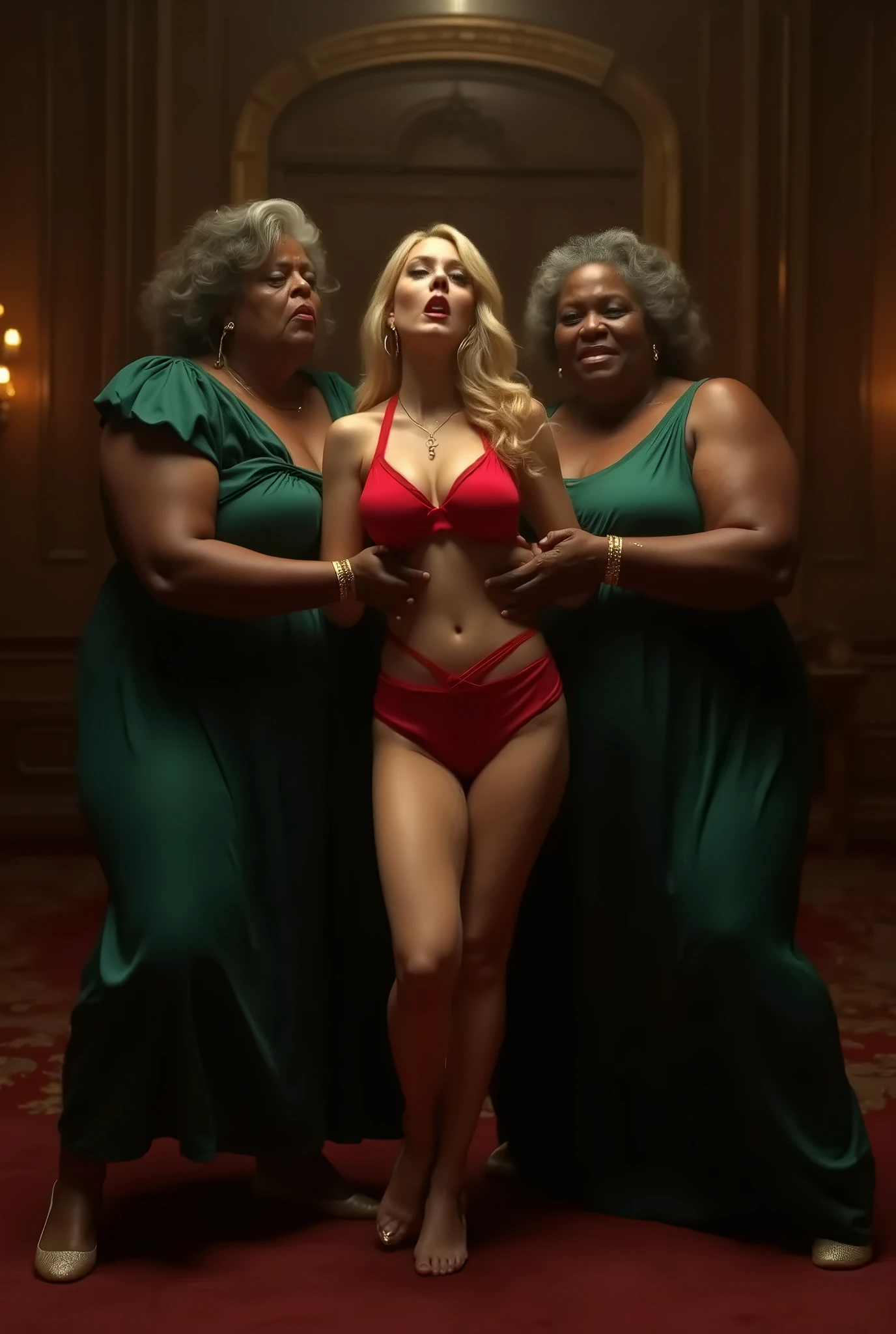 Men lifting a woman's dress. A candid, raw, and striking photo of a sexy busty 25 year old blond girl, exuding both elegance and vulnerability. She stands in a crowded, upscale restaurant at night, her red dress lifted by the male guests at the table to reveal a white adult diaper beneath. Despite her sexy look and poised posture, her sad, anxious expression and the stares of the surrounding guests create a powerful emotional impact. The image, captured with a Sony Alpha A6500 1.4f lens, showcases a creamy bokeh effect and exquisite details. The cinematic quality and use of the GoodHands-beta2:0.8 filter transform this moment into a masterpiece that demands attention., photo, cinematic