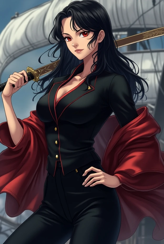 masterpiece, Highest quality, High resolution, Hancock 1, One girl, Boa Hancock, Large Breasts, Long Hair, Epaulettes, Cape, Side slits, Cowboy Shot, Are standing, View your viewers, Sexy pose, Safe at Work, Hands Behind Back, Perfect Fingers,