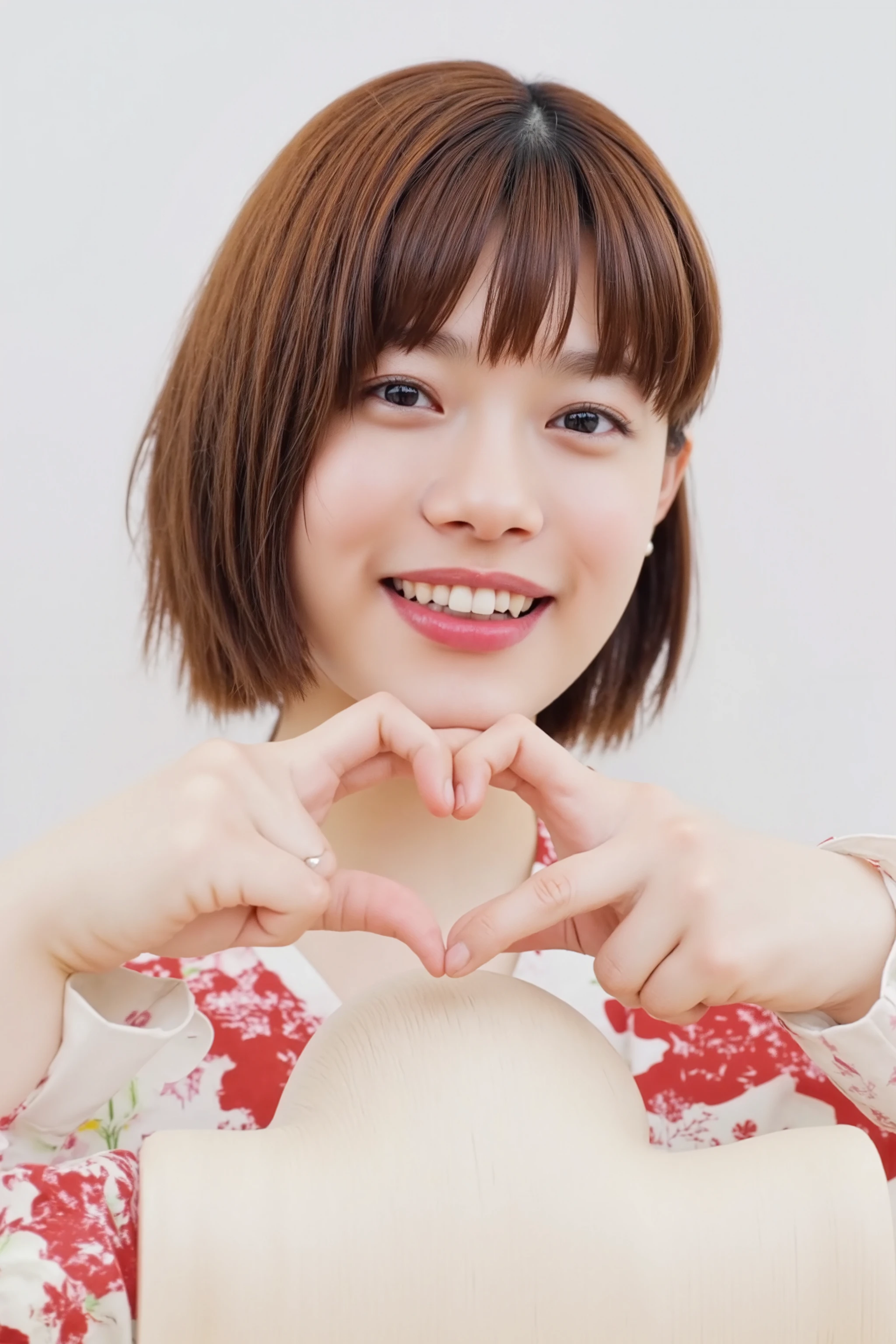 (((Make a heart shape with both hands and smile:6.1)))、 (RAW Photos、8k、32K、masterpiece、Realistic、  photoreal:1.37)、Cute Japanese women images、Photographed in natural light、  upper body、 1 girl、Photo Mapping、 Physically Based Rendering、Excellent image quality、  High Resolution  、1080P、(Detailed CG)、Rich details、( great features :1.35)、(Detailed eyes)、 I'm looking forward to your eyes、Delicate clavicle、非常にリアルで詳細な若い女性の  upper bodyポートレート。The skin is beautiful、Soft light is reflected in the high part of the cheek、 Tiny pores and hair follicles、 Even the tiniest blood vessels are visible。The skin is smooth、Natural flushing of the cheeks、Gives a healthy glow。 The eyes are large and clear blue、 The iris has fine patterning、 Light is reflecting and shining in the eye。 There is a slight shadow under the eye、 Her eyelashes are long and naturally curled。 her lips are soft pink 、 Smooth texture and natural glow、Reflects light slightly ,  the woman is wearing a simple thin camisole、 The background is a pale monochrome gradient、焦点は完全に顔と  upper bodyに当たっている、Realistic shadows and textures、Photographic depiction