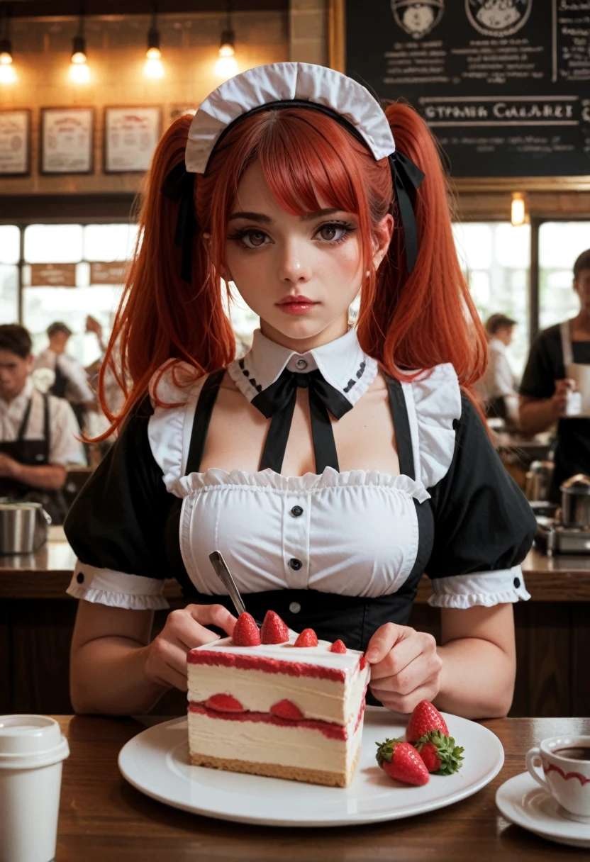 Promotional photo, the place is a coffee shop, 1 girl, face, waitress bringing cake to the table, Red ponytails, kind face, Gothic Lolita half costume and maid costume with an image of strawberries, White based clothing