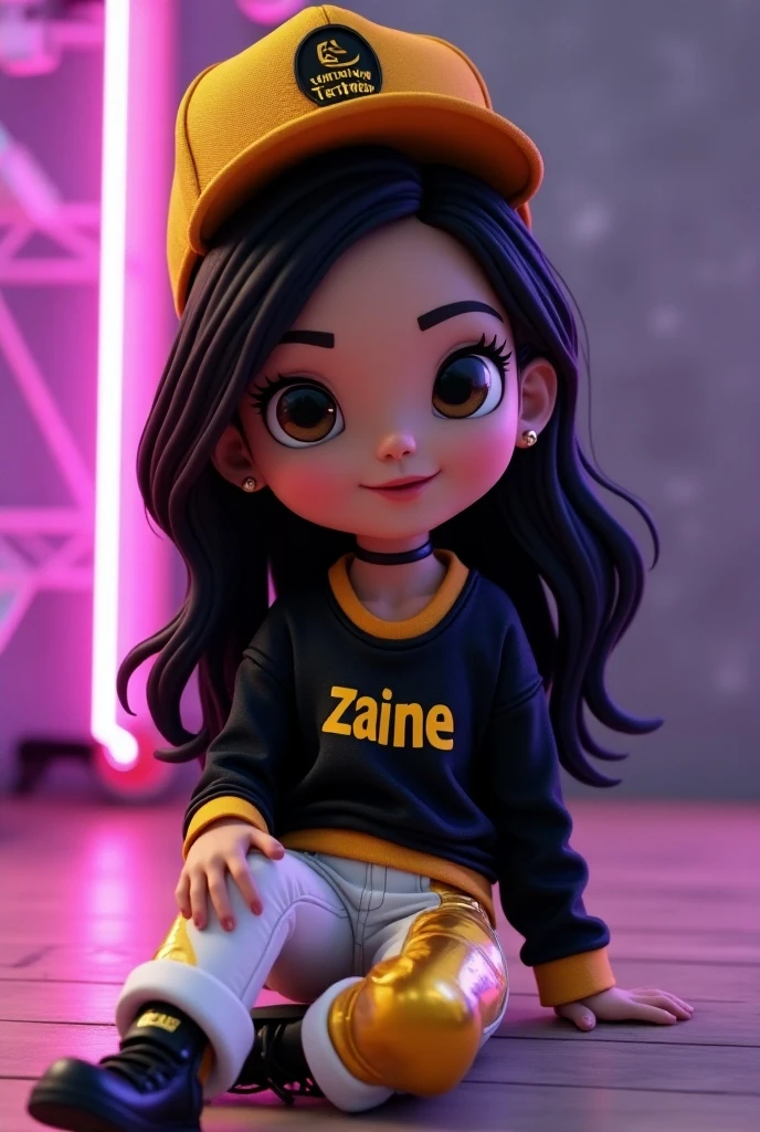 } A 3D rendering of a young woman in chibi style exuding elegance and confidence . She has long dark hair and wears a black blouse with the word "ZAINE " written in yellow wears white and gold pants , complete with a cap with her Zaine bet in yellow metallic letters . The young woman sits gracefully next to a vibrant WHATSAPP logo , showing off your fashionable clothes and accessories . The sweatshirt says " PROFISSIONALIZE YOURSELF ", Adding a personal touch to the scene. The modern and stylish photographic studio is illuminated by a dynamic combination of purple and gold LED lights, creating a charming and inviting atmosphere . The perfect integration of the 3D rendering with the number " NURSING TECHNICIAN " on the front in bold metallic YELLOW font on the bottom highlights the artist's mastery in photography , digital art and 3D rendering techniques .