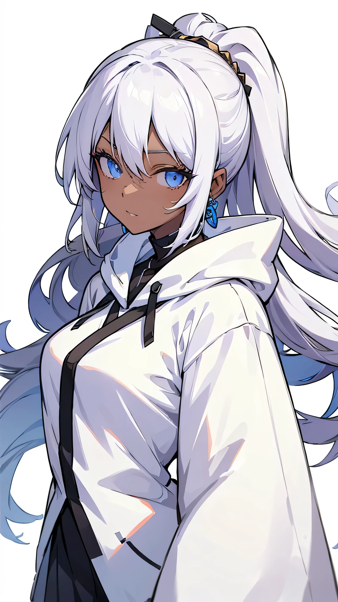 ultra detailed, 4K, a girl, happy, looking at viewer, long hair, white hair, blue eyes, big eyes, eyes open, slant eyes, dark skin, tall, underweight, White hoodie, skirt, earrings, 20-year-old, japanese, in the afternoon, white background, cute, anime, cel anime, hard-edged, upper body