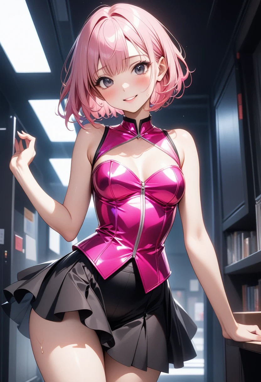 (((formal cropped jacket))), ((bustier)), ((skirt)), ((pantyhose)), ((shiny outfit)), skindentation, skinny, alone, solo, 1 woman, Masterpiece, highest quality, highest quality, 16K, incredibly absurd, highly detailed, 2.5D, ai-generated, delicate and dynamic, very delicate facial expressions, delicate eye depiction, ??????, only sexy woman, ((A cute and kind face)), healthy figure, ((25-year-old woman)), 160cm tall, ((medium firm swaying bust)), medium breasts, (short hair), (pink hair:1.5), bob cut, black eye, blush, Sweat,Embarrassed,sexy, ((thin thighs)), (camel toe:0.7), (visible nipples:0.5), (????? nipples,:0.7), shiny and lustrous, facing straight at viewer, smile, ((Oily_skin)), dark skin, ((standing)), ((arm at side)),