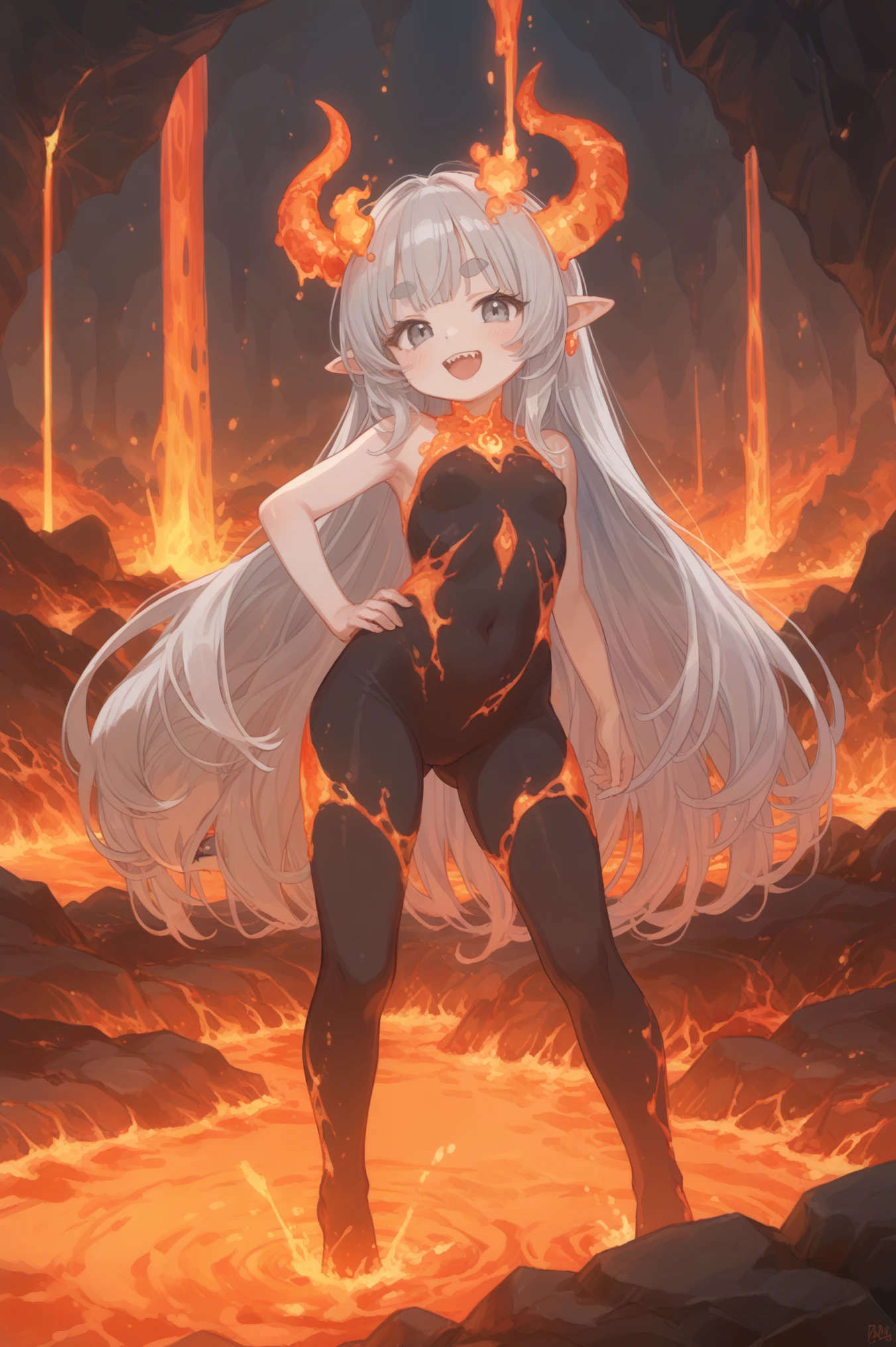 1girl\(cute, hair\((silver hair:1.3),soft,detailed,shiny,(long hair), cuticle\),eye\(big ,droopy ,(gray eyes:1.6)\), eyebrow\(gray,(thick eyebrow:1.7),(troubled:1.5)\),(evil smile:1.7),fang,(small breast:1.7), perky breast, (big hip:1.7), shiny skin, smooth skin,beautiful demon girl,lava bunny suit,lava pantyhose,eye color lava,big eyes,eyes shining,sharp teeth,open mouth,lava horn,dynamic pose,breast,vulgarity, (dynamic pose:1.3),\),background\((dark underground:1.3), lava cave,very shiny lava and lava lake everywhere,bedding plane,bulbous lava stalactite,pillar,chockstone,lava blister,lava coral,lava fall,lava rose,lava stalactite,lava tree\), score_9, score_8_up, score_7_up, score_6_up, score_5_up, score_4_up,source_anime, source_furry,rating_safe,[nsfw:2.0],close up girl