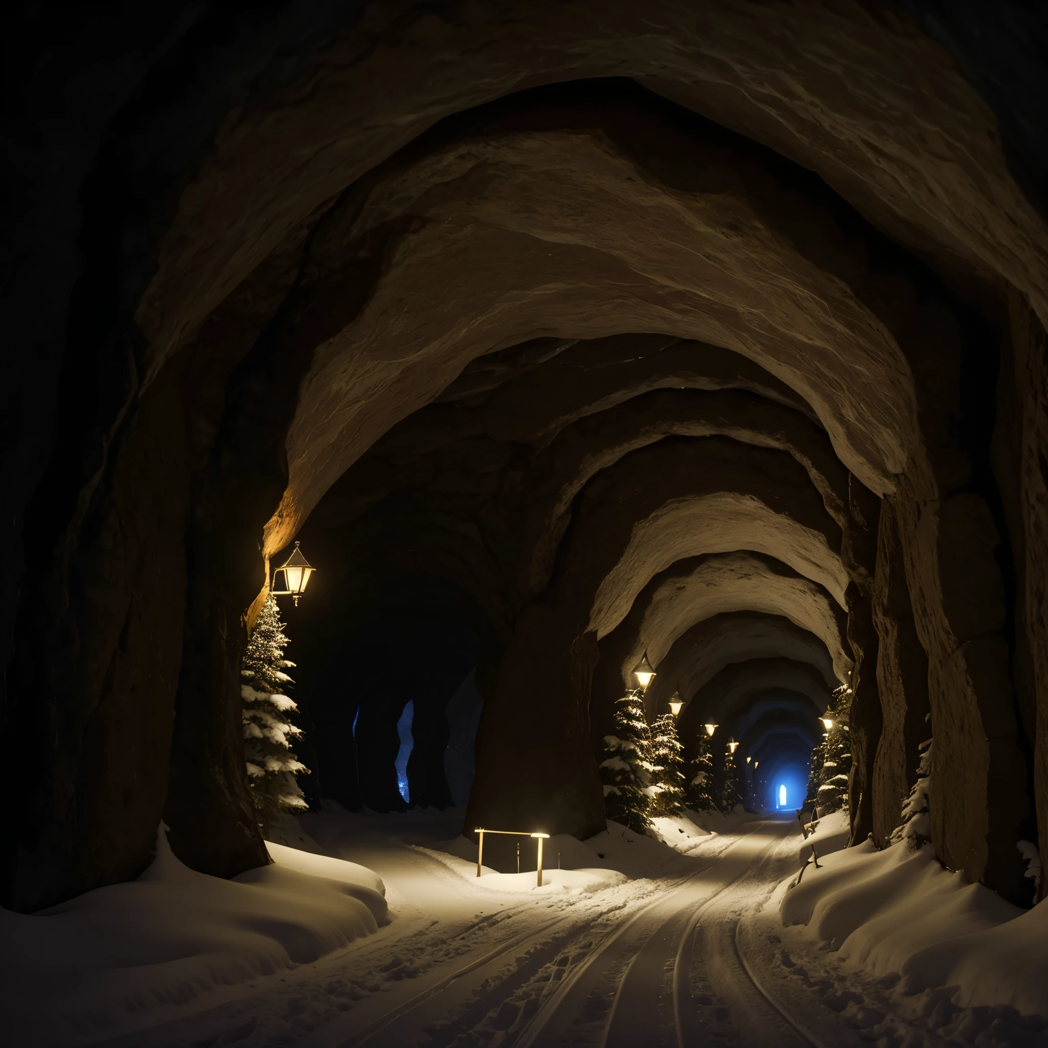 8k, photo, a network of glowing subterranean tunnels, depth of field, best quality, Snow, photorealistic painting art
