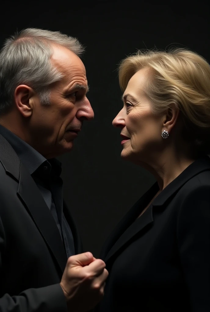 A 52-year-old woman, dressed in black spy-like attire, is holding a knife with a determined and intense expression.
• She stands close to a young man who is dressed in formal clothing.
• The scene will have a dark, suspenseful atmosphere, with shadows and dramatic lighting emphasizing the tension.
• The focus will be on their expressions and body language, suggesting a high-stakes moment.
She put that knife in young men's chest then men's chest was bleeding
At the same time she was crying
And young shocked or feels pain
Make some wrinkles on female face and she had cry and young man are shocked and feels pain in over chest
Young men was 22 year old and she was 52 year man ugly expression on she's face and young feels on her self chest and young boys chest was bleeding and put the bloody knife on females hand