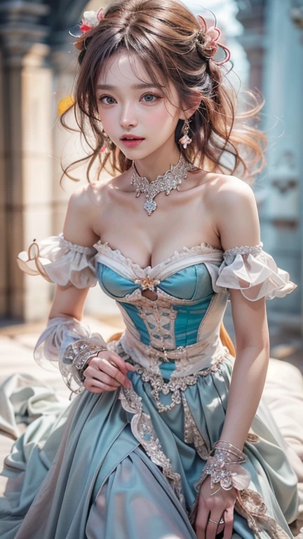 (Masterpiece:1.2, Best quality), Realistic, (Real picture, Intricate details, Depth of field),  parted lip, highly  detailed, victorian dress style, Perfect face, Perfect body, Large models, Mature woman, Tall, Long legs, Natural background bokeh, necklace, beautiful earring, offshoulder, georgian era hairstyle, eyes on camera, high angel shot, ((up to knee)), wet skin,