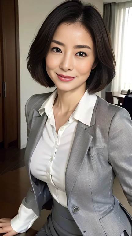 (highest quality,8k,masterpiece),
日本人Mature Woman,40 years,Mature Woman,Pure white skin, ((Full body photography:0.85))、
Full breasts:1.1、 ((White collared blouse))、((Grey tailored jacket))、Grey tight skirt、Brown short bob、
,A gentle smile、A gaze that seduces viewers、Shopping Centre、