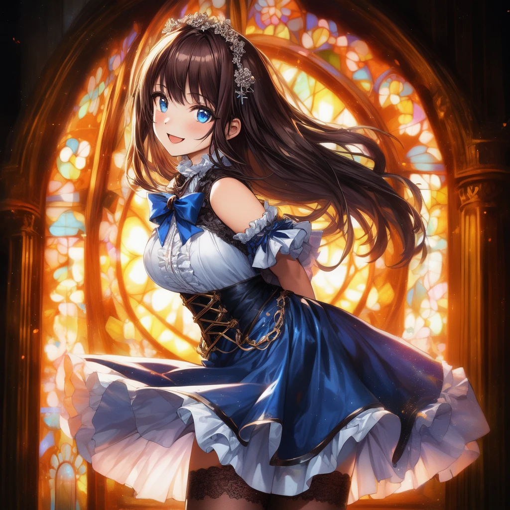 1 beautiful girl of 20 years old, anime girl, very cute and beautiful girl, altar, church, inside, from behind, looking back, brown hair, bangs, hair over shoulder, long hair, messy hair, wavy hair, hair one side up, hair ornament, hairclip, heart hair ornament, aqua eyes, wide eyes, heart earrings, blush, bright pupils, jewelry, glossy lips, necklace, blush, cowboy shot, looking at the viewer, down on my knees, (elegant blue plaid lolita dress with detailed ruffles), detailed lace, skirt lift, shows her ass, (white panties), big and round breasts, thin waist, shapely thighs, open legs, (Best Quality, Masterpiece:1.0), absurdities, high resolution, ultra detailed, extremely detailed, 32k, 8K resolution, intricate details, movie scene, detailed background, Alone, dynamic angle