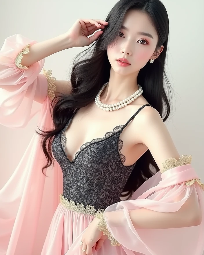 ((Top quality, 8k, Masterpiece: 1.3)), delicate facial features, smile, beauty, beautiful girl, beautiful: 1.3, : 1.1, pale pink vacuum bandeau, exposed breast, silk fabric, pale pink areola, areola, middle chest straight, round, firm, seductive, charming, charming, feminine, naked, sexy, long black hair, (lying on bed), delicate face, highly detailed lips, detailed eyes, double eyelids, pink lace trim, pink small panties, pink silk transparent gauze skirt, open legs, fair skin, pink stockings, black yarn, silk material, openwork, shy, black gauze skirt,