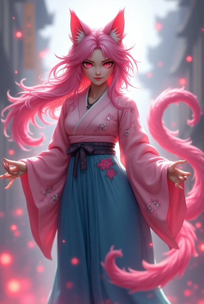 Dragon ball hit with a girl with dark pink skin and light pink hair that reaches the ground, red-eyed and wearing a hot pink kimono
