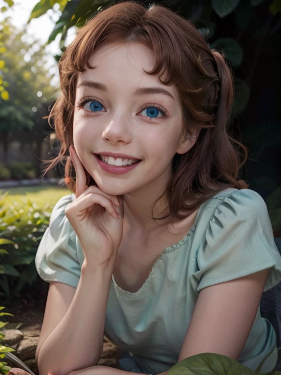 1 wendy darling, detailed, ultra realistic, high details, cozy atmosphere, elegant, smiling, red hair, in a garden. UHD, blue eyes, detailed skin, 