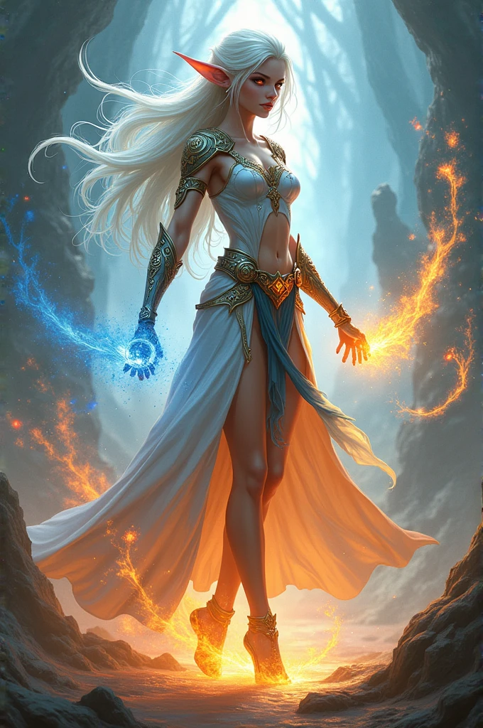 A beautiful young woman with a determined look, long flowing blonde and purple hair adorned with a intricatly detailed headpiece, wearing a battle tunic made of leather with flowing ribbons and chains laced with intricate details and gems. guild wars. (Large breasts), a battle mage wielding fire and ice powers, floating in the air amidst a crumbling city caught in an apocalyptic event. Winged demons attack appearing through portals. Masterpiece, highly detailed, 4k. Epic and dynamic lighting with deep shadows and highlights from magical powers.