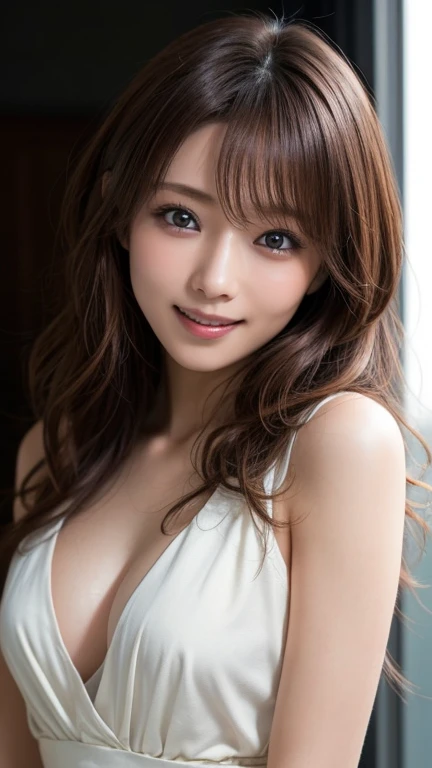 (Best Quality,8K quality,masterpiece:1.3),( super high definition,Realistic:1.4,Live Shooting),(Super detailed, caustics ),( Ultra Realistic Capture,  beautiful and detailed skin ),19 year old, Beautiful Japanese,  medium hair, Messy Hair,  asymmetrical bang, Brown Hair,  smiles at the camera ,Soft light, similar to Okunuki Kaoru The light is shining in from above,Natural Light,