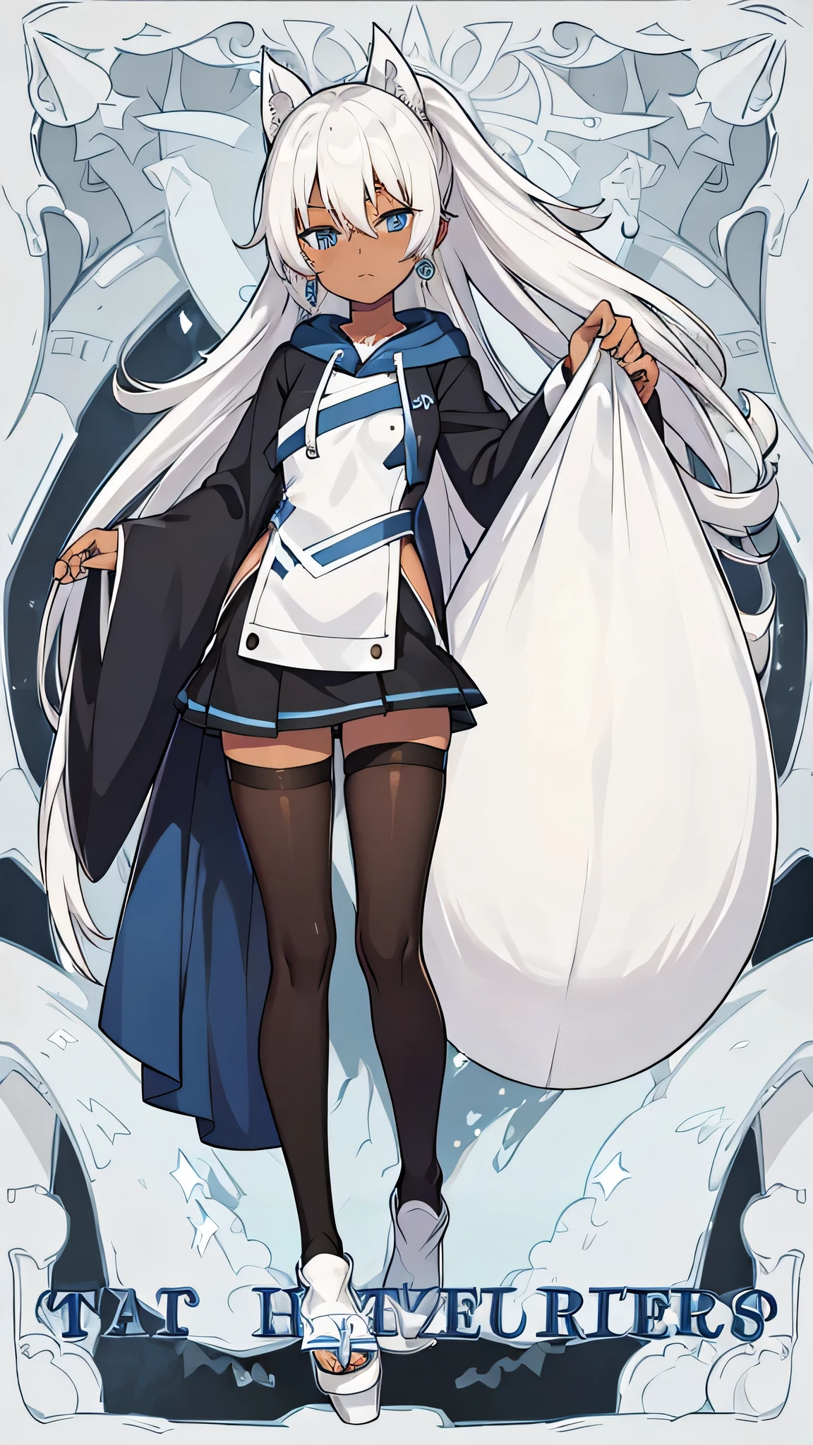 ultra detailed, 4K, a girl, happy, walking, looking at viewer, long hair, white hair, blue eyes, big eyes, eyes open, slant eyes, dark skin, tall, underweight, hoodie, skirt, earrings, mole, 20-year-old, japanese, in the afternoon, white background, cute, anime, cel anime, hard-edged, upper body, front view, chibi anime