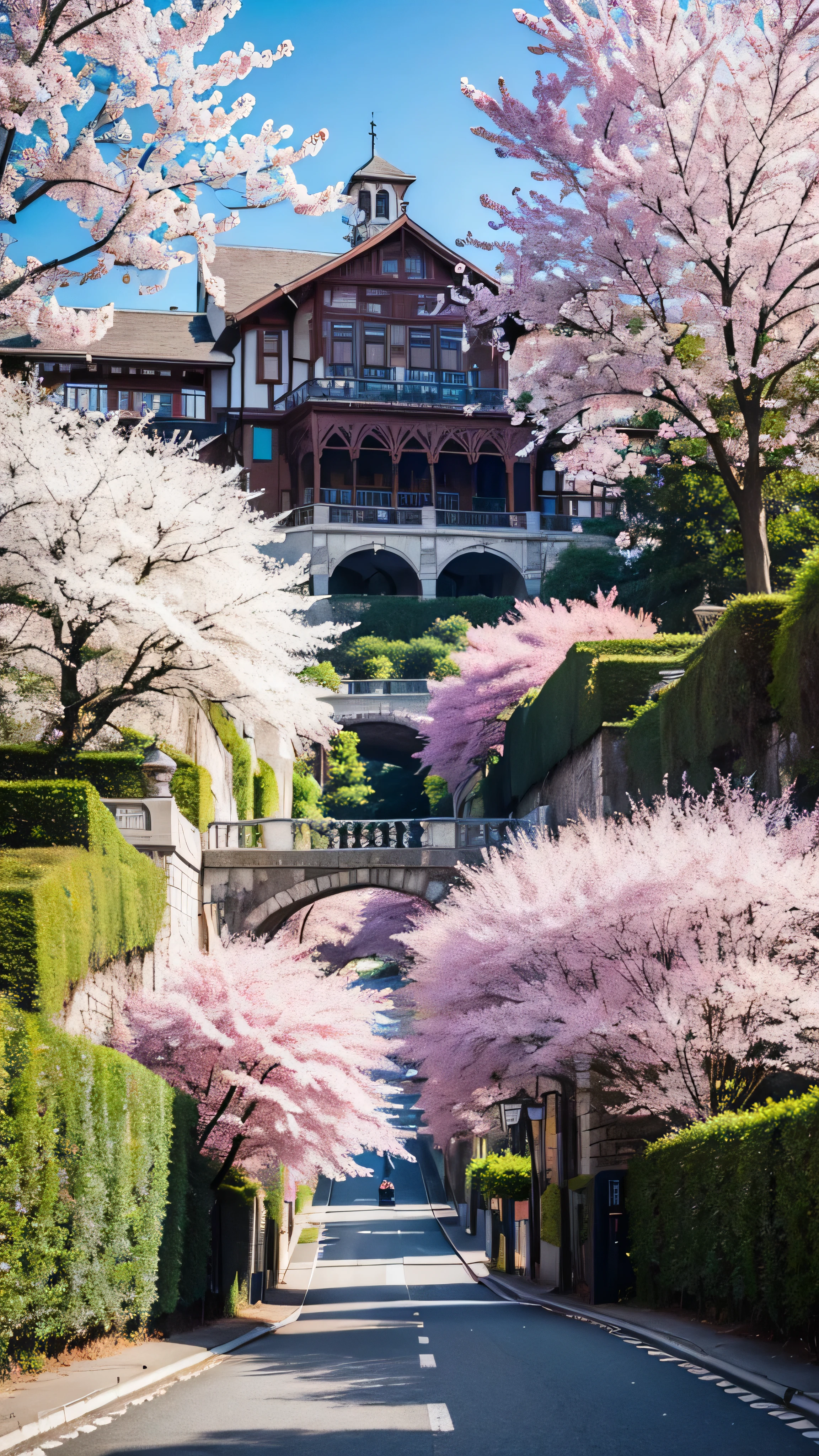 ((Ultra-Realistic Details.) (masterpiece, Best Quality,  best quality, Official Art, Beauty and aesthetics: 1.2),  very detailed, colorful, Most detailed, [branch, building, Barbed wire, cherry blossoms, fence, Long Hair, Outdoor, petal, landscape, rain, tree々, null, street, Genuine