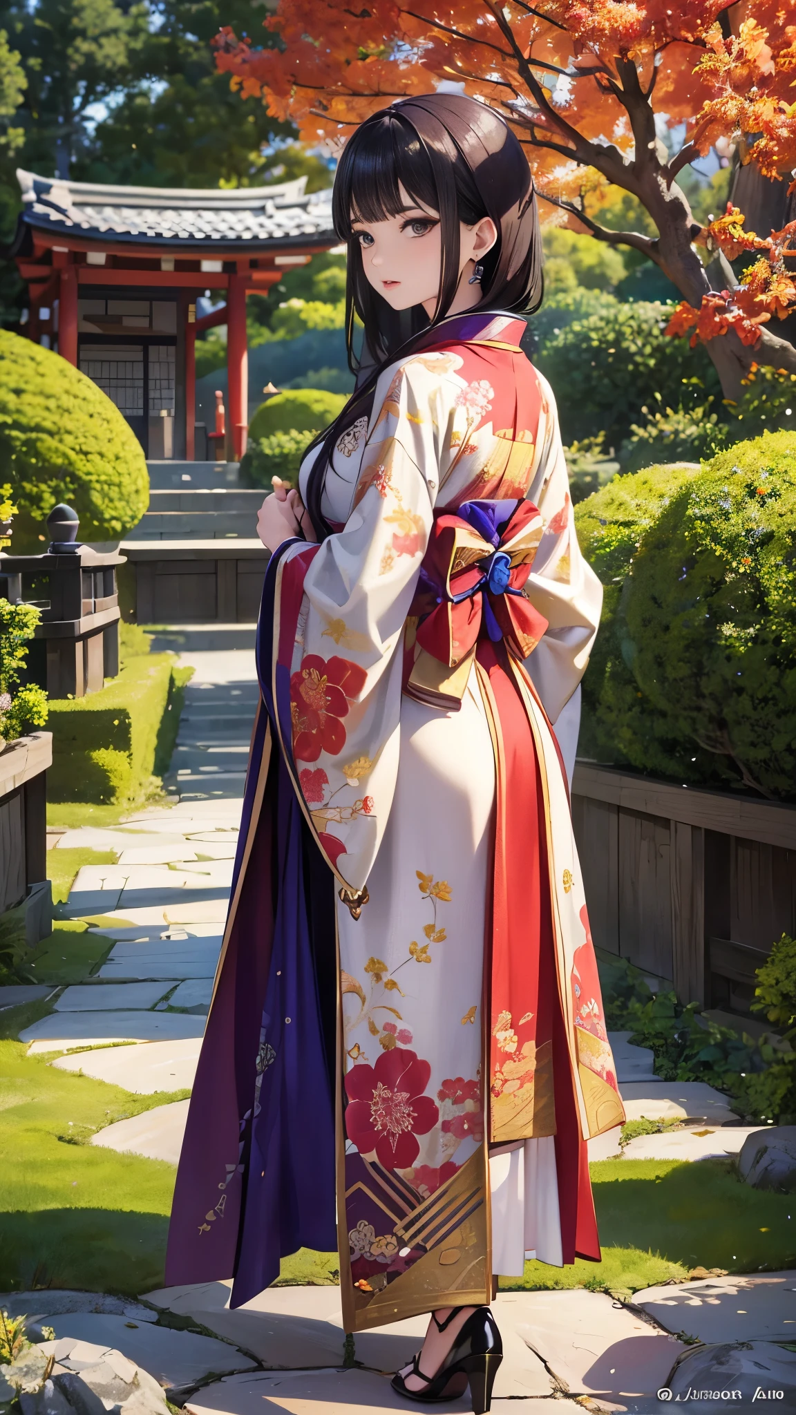 midjourney_whisper_avant_couture, breathtaking detailed, masterpiece, awe-inspiring, radiant, magnificent, portrait of stunning oriental woman, long dark hair, long multicoloured dress, walking in formal japanese garden, viewed from side, glancing at viewer