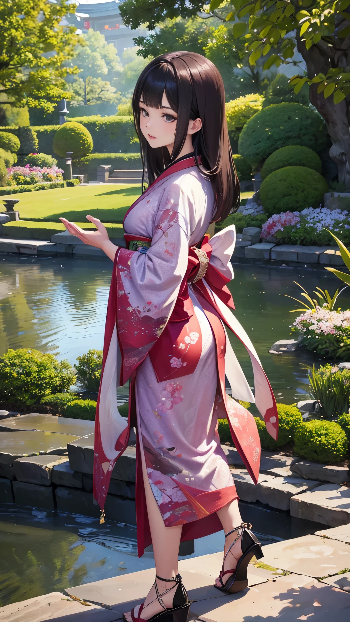 midjourney_whisper_avant_couture, breathtaking detailed, masterpiece, awe-inspiring, radiant, magnificent, portrait of stunning oriental woman, long dark hair, long multicoloured dress, walking in formal japanese garden, viewed from side, glancing at viewer