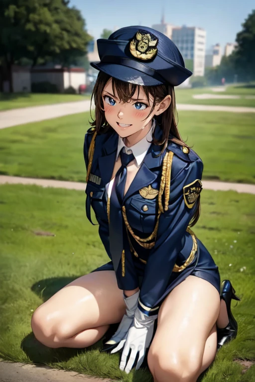 nsfw,((full body shot)), wide shot, long shot, ((Face focus)),High resolution, wallpaper 8k screen, Best Quality, Realistic, Super detailed, Exquisite and perfect dynamic composition,a police woman,kneeling, in the park,(Realistic skin texture),embarrassed,from above, looking camera,full-face blush,Angry,((tearful)),((close mouth, clench teeth)),brown Hair, medium breasts,long tits,puffy nipples,((partially undressed)),Bukkake,(cum on Face),((Female police officer:1.4、Female police officer regulation cap、Uniform buttons、Navy blue tie、Uniform jacket、White gloves))、black tights、Long, tight skirt above the knee、Stiletto heel pumps、Police Badge、Epaulettes