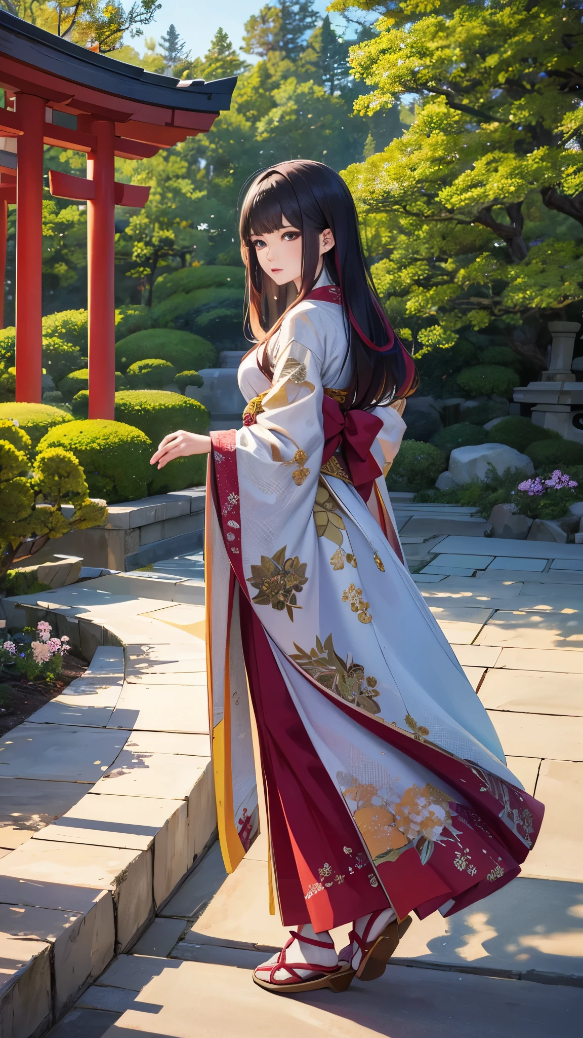 midjourney_whisper_avant_couture, breathtaking detailed, masterpiece, awe-inspiring, radiant, magnificent, portrait of stunning oriental woman, long dark hair, long multicoloured dress, walking in formal japanese garden, viewed from side, glancing at viewer