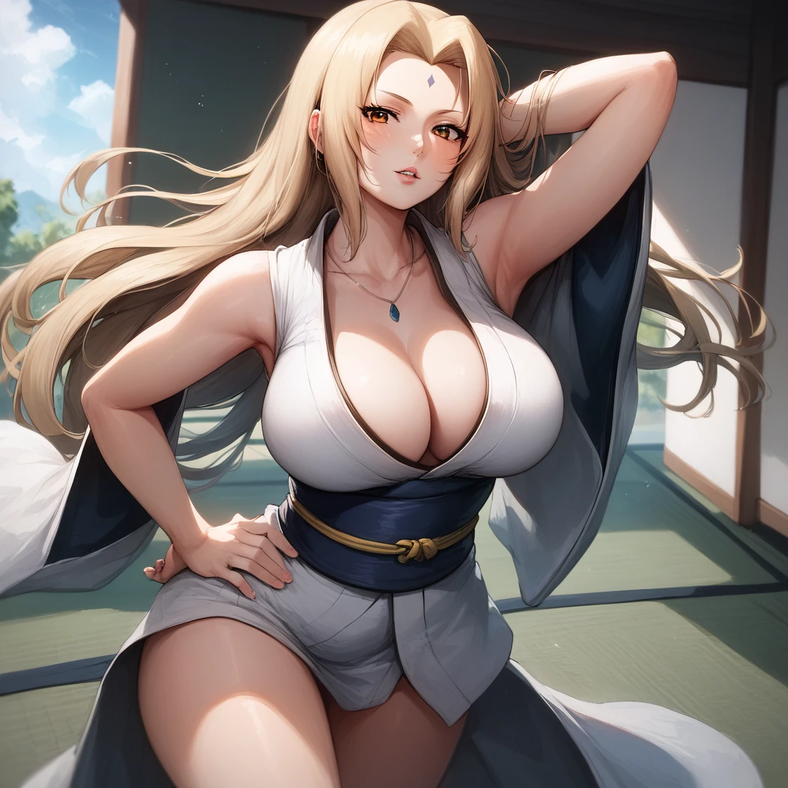 score_9, score_8_up, score_7_up, score_6_up, looking at viewer,  BREAK
1girl, large breasts, tsunade (naruto), blonde hair, facial mark, cleavage, armpits, long hair, jewelry, looking at viewer, forehead mark, hand on hip, parted lips, arm up, sash, necklace, japanese clothes, short kimono, brown eyes, arm behind head, thighs, white kimono, obi, bare shoulders, sleeveless kimono, collarbone, bangs, young girl