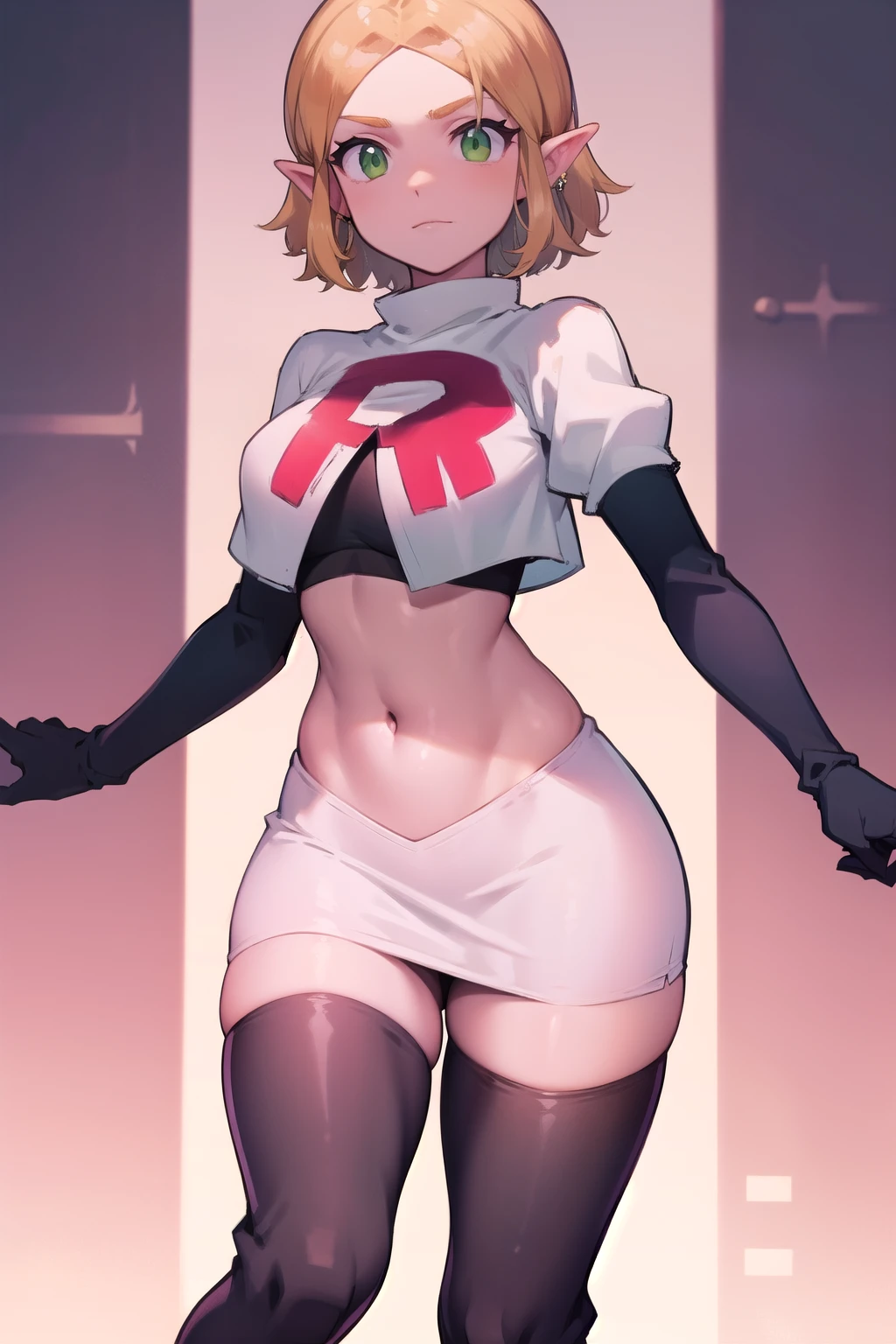 Zelda, green eyes, short hair ,team rocket,team rocket uniform,white skirt,red letter R,crop top,black thigh-highs,black elbow gloves, cowboy shot, sinister villianess look,