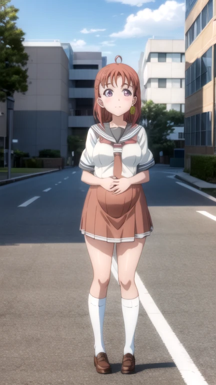 A girl wearing a one-piece swimsuit, Big booty, Curvaceous accentuated booty, Light Brown Hair,Blue Eyes,Muscular!!,short hair,Small breasts!!!!,Blushed,Troubled expression,steam,Sweat,Steam coming from the body,Chubby,Big Ass!!,Dog Pose!!!!,Don't bend your knees,Are standing,bending upper body,Eyes look up,She is saluting,Stuffy armpits,Thick body,Squat