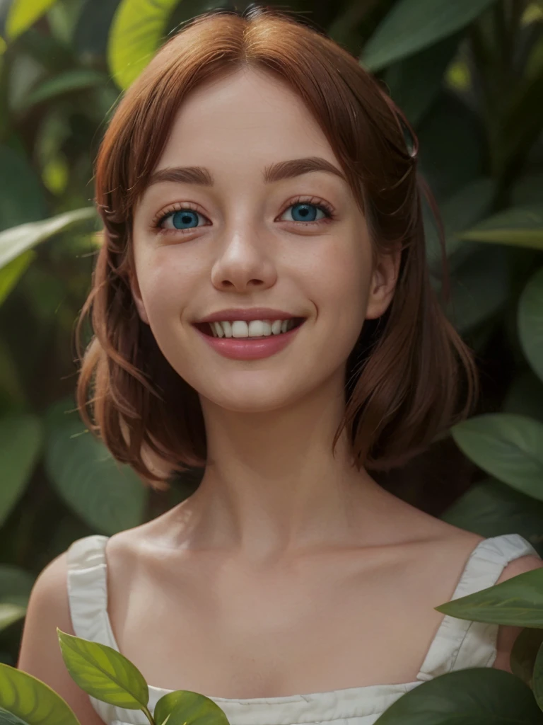 1 wendy darling, detailed, ultra realistic, high details, cozy atmosphere, elegant, smiling, red hair, in a garden, UHD, blue eyes, detailed skin, masterpiece, high quality, photorealistic, natural lighting, lush foliage, ornate garden, beautiful dress, serene expression, flowing hair, detailed facial features, intricate details